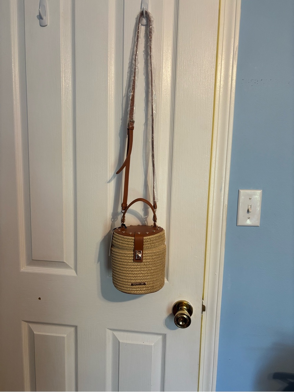 Rachel Zoe Straw Mini Bucket Bag with Tan Trim